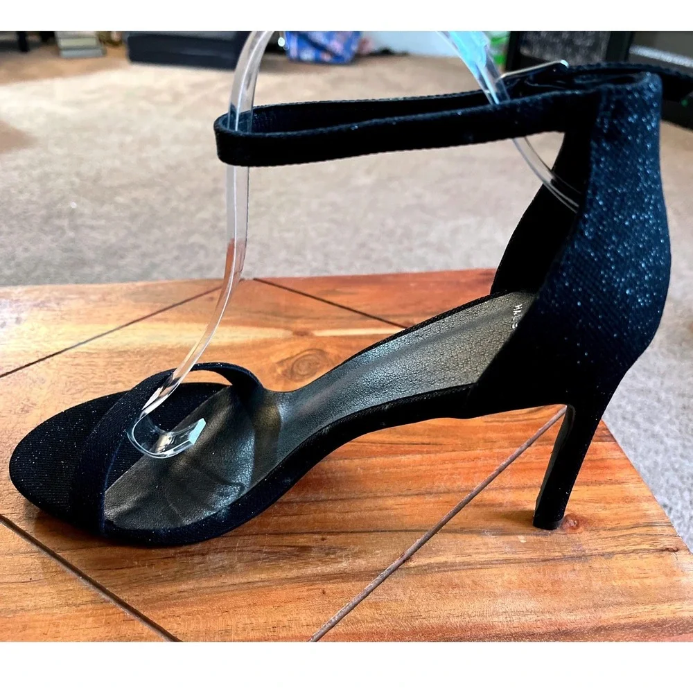 Halston Maui Black Glitter Stiletto Ankle Strap Sandals Heels US 10 EU 41